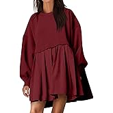 Jybuyye Women Oversized Sweatshirt Dress Long Sleeve Patchwork Crewneck Babydoll Pullover Flowy Pleated Layered Mini Dress