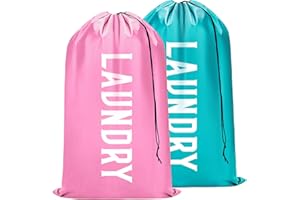 Fiodrimy 2 Pack XL Travel Laundry Bag, Machine Washable Dirty Clothes Organizer, Large Enough to Hold 4 Loads of Laundry, Easy Fit a Laundry Basket (Pink+Blue, 24" x 36")