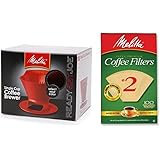 Melitta Pour Over Coffee Cone Brewer & #2 Filter Natural Brown Combo Set, Red