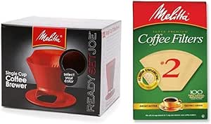 Melitta Pour Over Coffee Cone Brewer &amp; #2 Filter Natural Brown Combo Set, Red
