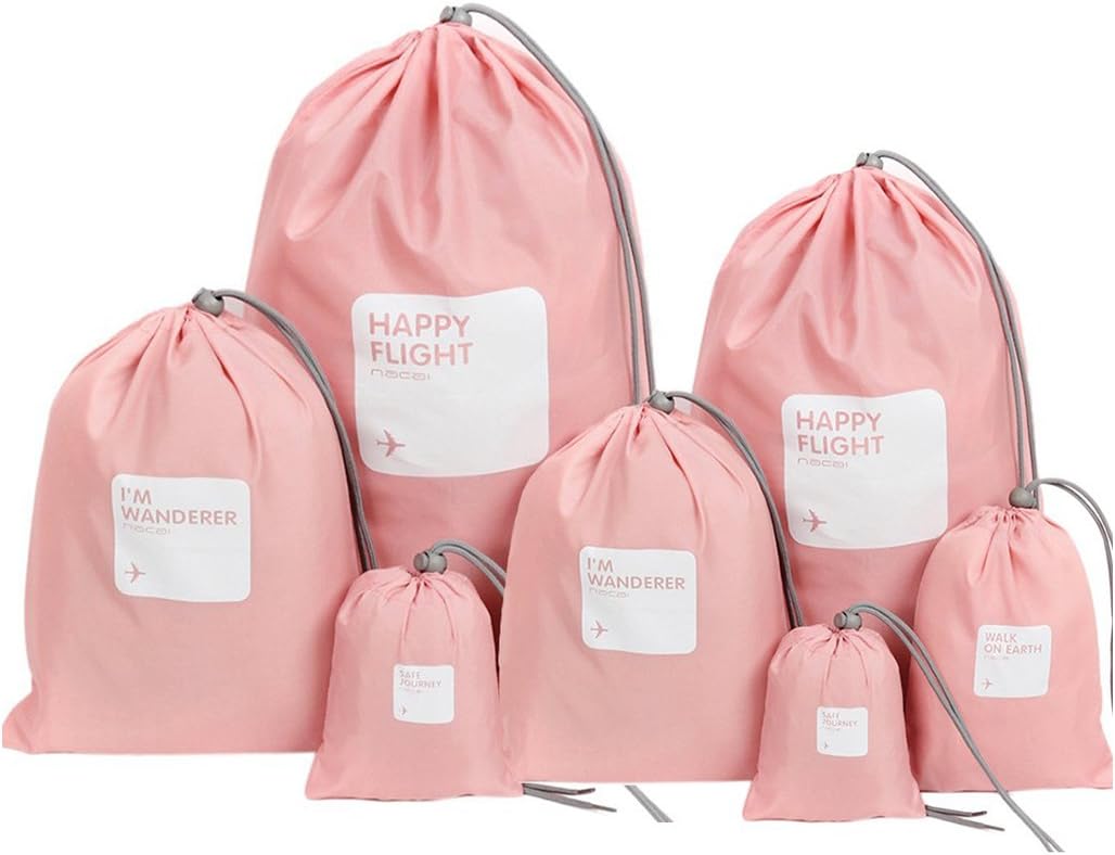 8 pcs Waterproof Drawstring Bags Set for Travel Essentials, Holidays Packing Organisers, Pink