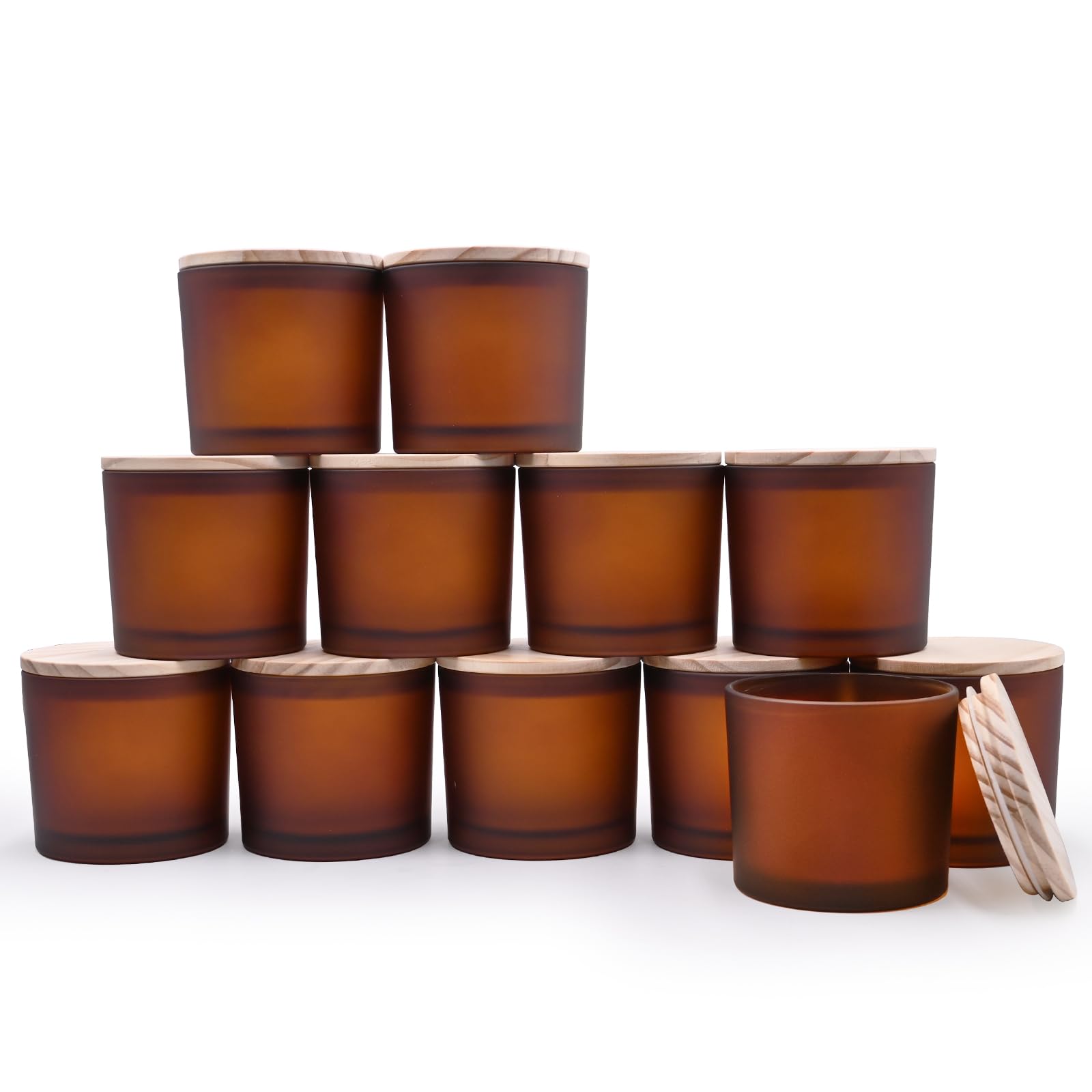Photo 1 of SHOWIN 12 OZ Thick Candle Jars for Making Candles 12 Pcs, Empty Amber Jars with Wood Lids for Spice Jars, Sample Container, Frosted Brown