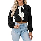 Saodimallsu Womens Cropped Cable Knit Cardigan Sweaters Long Sleeve Bow Tie Front Crew Neck Chunky Sweater Tops