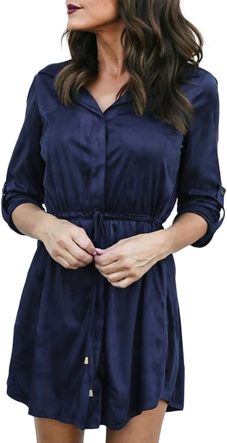 Auxo Camicia Lunga Donna Manica Lunga Shirts Casuale Elegante Camicetta Cotone Vestiti Corti Blusa Lunga Risvolto