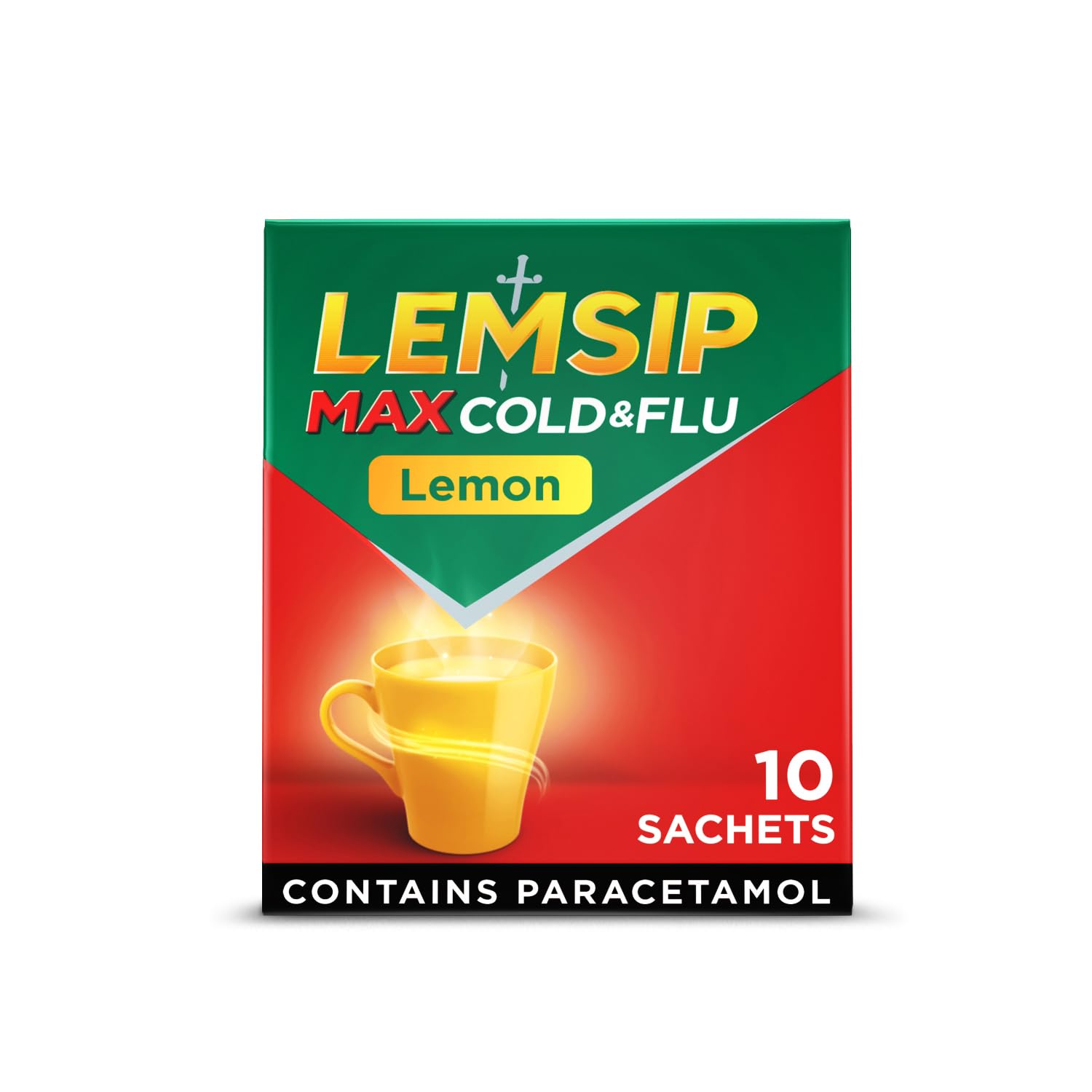 Lemsip Max Cold and Flu, Lemon, 10 Sachets, Paracetamol, Headache Relief, Sore Throat Relief, Nasal Congestion Relief, Max Strength, Fast-Acting, Medication