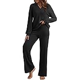 EVALESS Womens Pajama Sets Long Sleeve Sleepwear Matching Drawstring Elastic Pj Pants Ribbed Knit 2 Piece Lounge Set