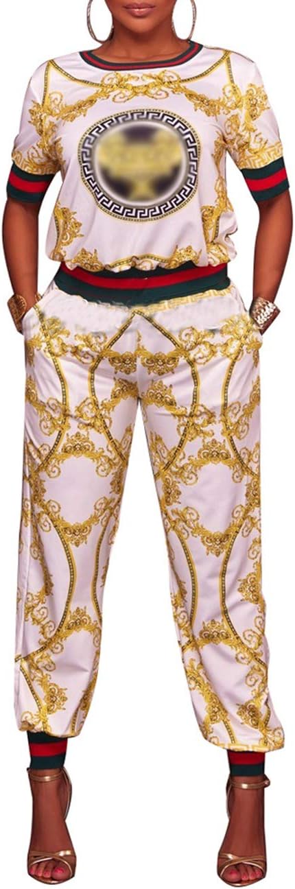 Women Casual Loose 2 Piece Floral Top and Elastic Waistband Pant Women Sets White