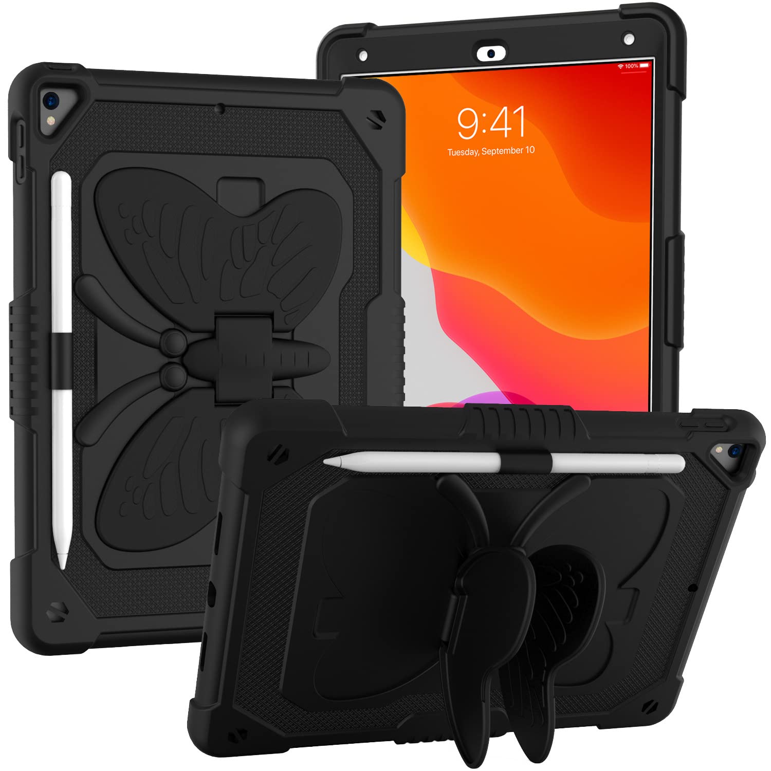 iPad 10.2 Inch 2021/2020/2019 Case with Shoulder Strap, Heavy Duty Shockproof Protective Case with Butterfly Mount for 9th/8th/7th Gen (Black)