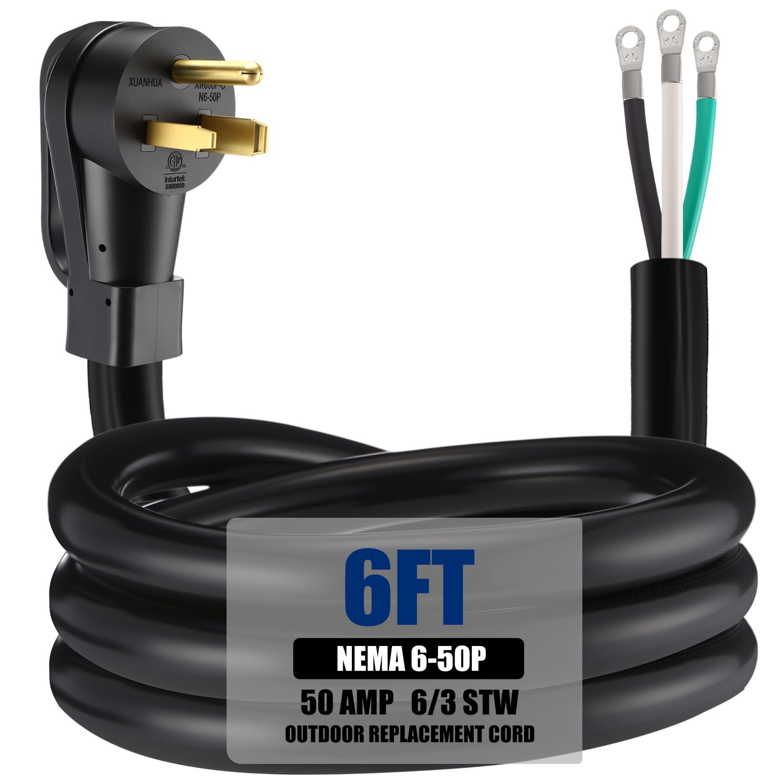 Photo 1 of Kanayu 6.6 FT 6 AWG 3 Prong Replacement Power Cord Compatible with NEMA 6-50P 50 Amp 250V Welder Extension Cable with Open End for Welder Dryer Garage Heater Generator, ETL Listed