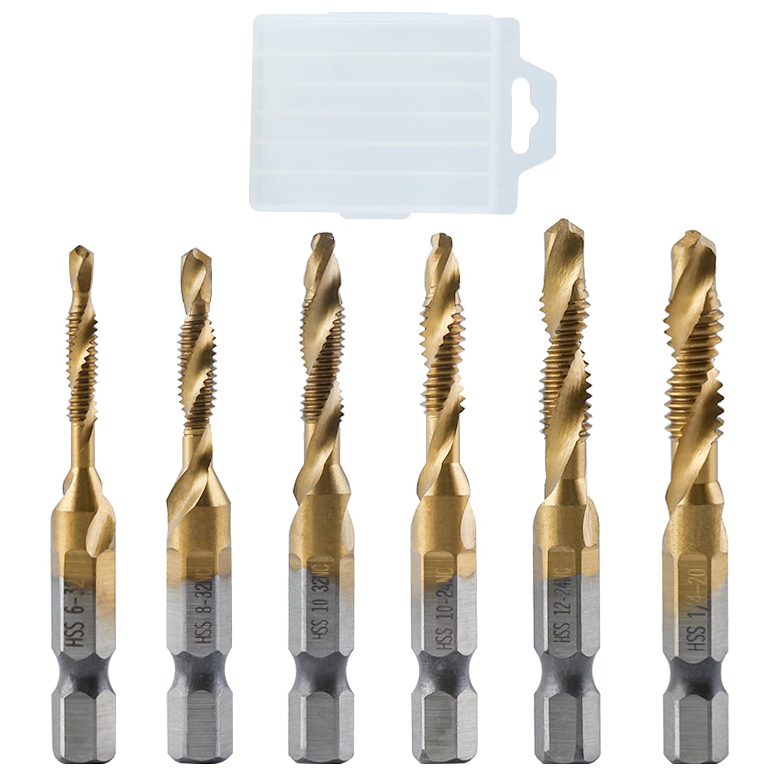 LEONTOOL 6 Pcs Titanium Combination Drill & Taps Bit Set, Screw Tapping SAE 6-32NC 8-32NC 10-32NC 10-24NC 12-24NC 1/4-20NC, 1/4" Hex Shank HSS Spiral Flute Tap Set for Drilling Tapping Countersinking