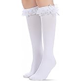 LXUEJIE Lace Knees High Sock, Cute White Knee Highs Socks, Girl Cotton Knee High Socks with Bow Lace Ruffle Trim