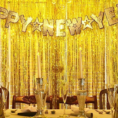 (Pack of 2) Gold Foil Fringe Backdrop Curtain, Photo Booth Backdrop for Party Decoration, Christmas party, New Year Eve Party Supplies, Birthday, Holiday Decorations
