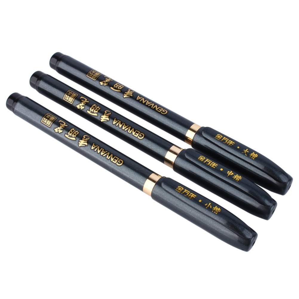 Yosoo 3Pcs Felt Tip Brush Pen Set Manga Calligraphy Brush Ink Pen Writing Drawing Craft - Black