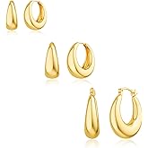 Poaiiu Chunky Gold Hoop Earrings for Women, 3 Pairs 14k Gold Plated/Silver Chunky Hoop Earrings Stack Set Thick Trendy Hypoallergenic Cartilage Earring for Multiple Piercing Jewelry Valentine Gift