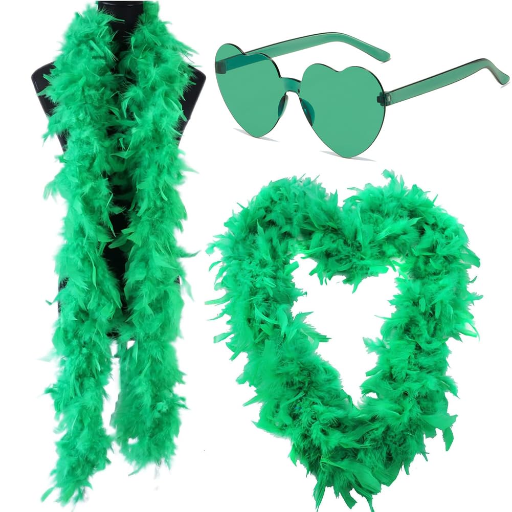 Feather Boas Set, 2M Feather Boa Fancy Dress for Women Dancing Party Props Feather Boa with Heart Sunglasses Decoration Accessories Supplies for Wedding Celebration, Rave Party, Cosplay (Green)