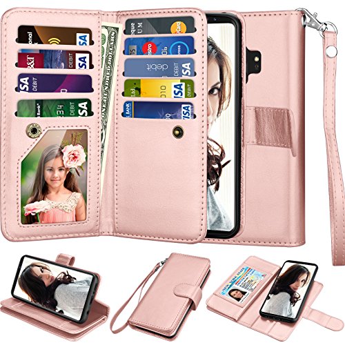 Njjex Galaxy S9 Case, for Samsung Galaxy S9 Wallet Case, PU Leather [9 Card Slots] ID Credit Magnetic Folio Flip Cover [Detachable] [Kickstand] Phone Case & Wrist Lanyard for Samsung S9 [Rose Gold]