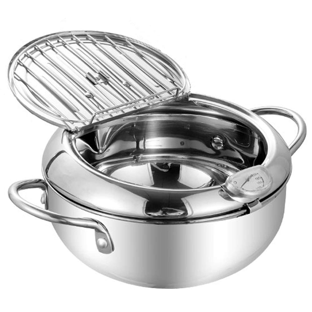 TAMUME 2.5L Stainless Steel Lidded Deep Fryer Pot with Removable Drainer Rack, Attached with Deep Fryer Thermometer
