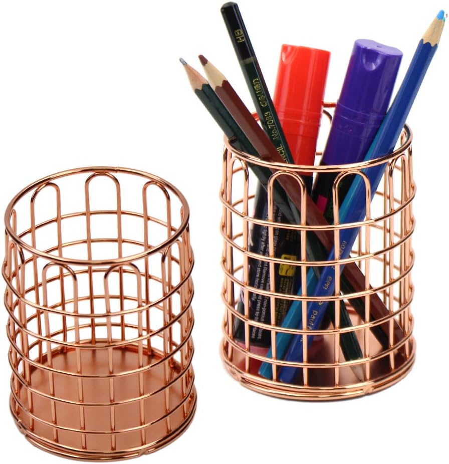 Pencil Holder Wire Metal Office Supplies Desk Organizer Makeup Brush Holder, Set of 2,Rose Gold
