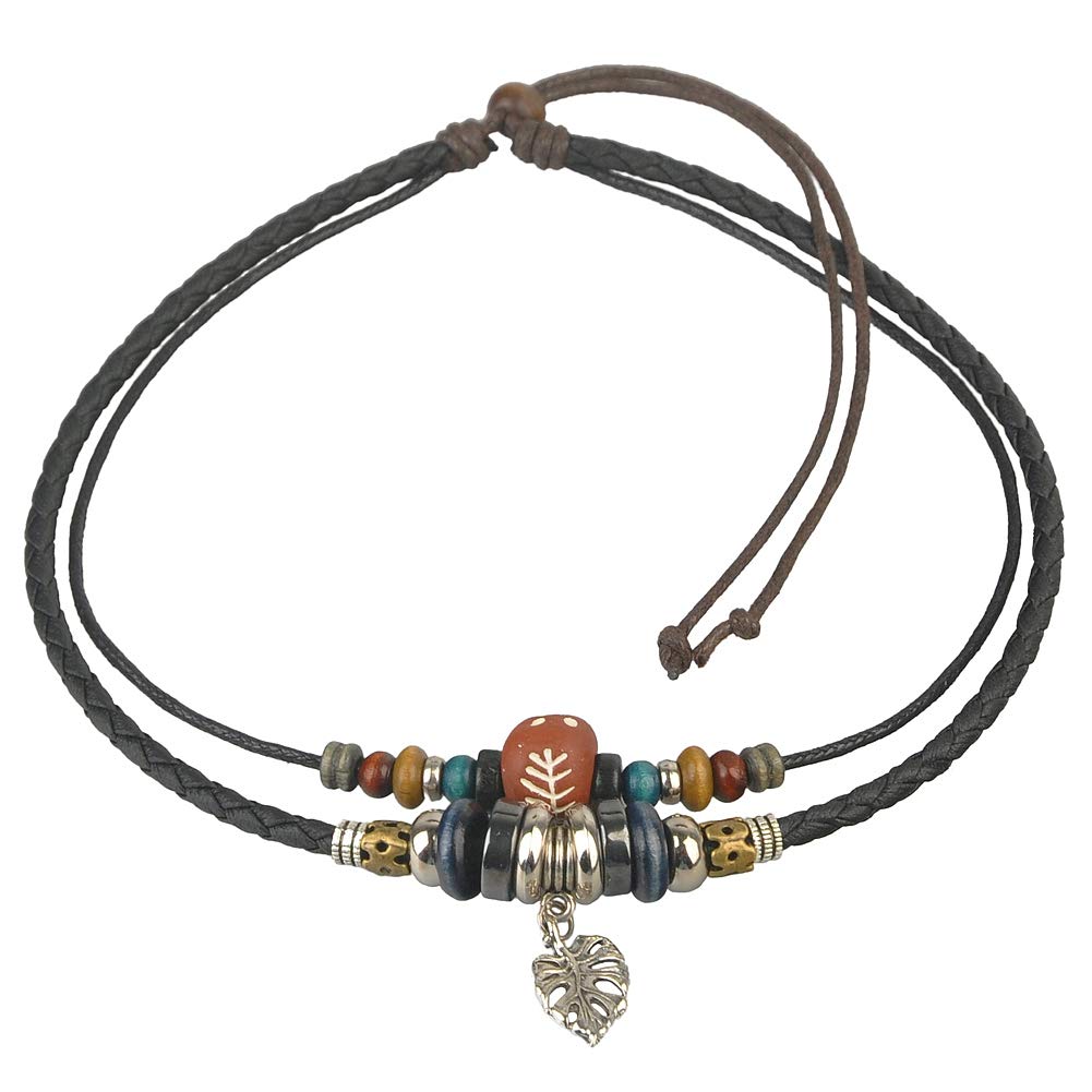 Ancient Tribe Boho Tribal Double Layer Necklace – Black Braided Leather & Wax Cord with Fishbone Ceramic Bead, Wood & Metal Accents – Adjustable 37cm Choker for Men and Women