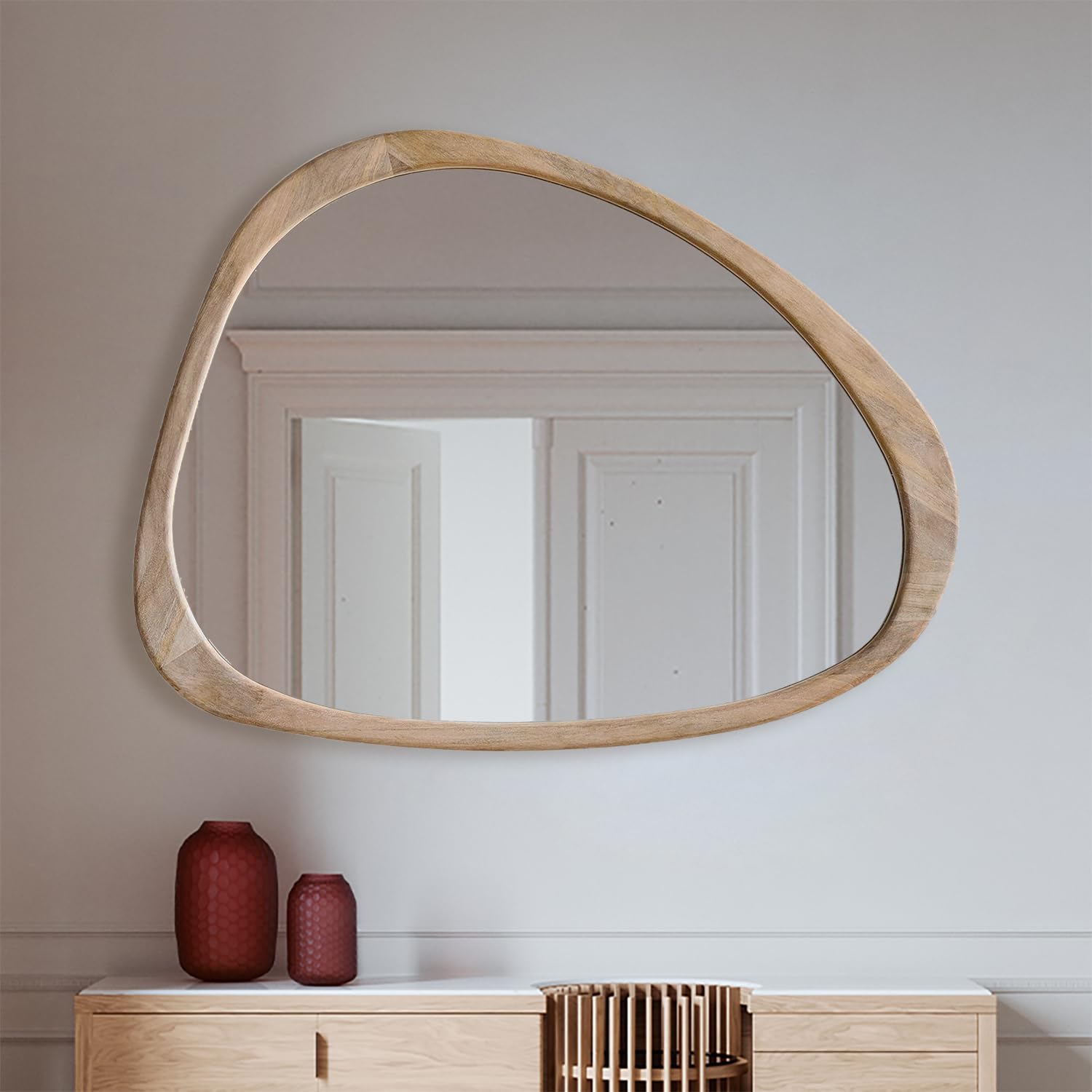 Photo 1 of Asymmetrical White Wood Frame Mirror, 39 x 45 Inch Handcrafted Irregular Wall Mounted Mirror, Cerused White Hanging Home Decor, Unique Design Teak Wood Wall Decor for Dresser, Bathroom, Bedroom