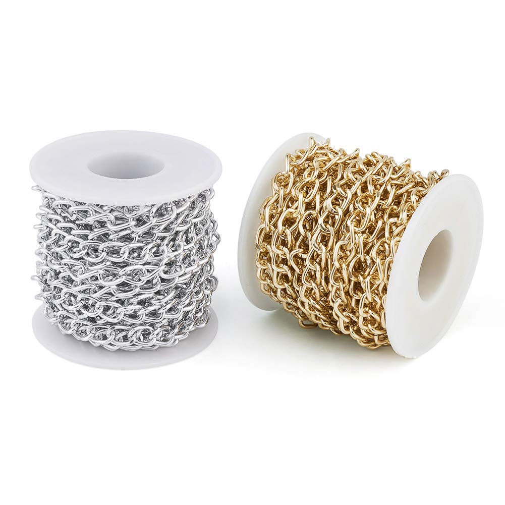 Craftdady 2 Rolls Aluminum Curb Chain Link Silver Golden Unwelded Twisted Cross Cable with Spool 10x6.5mm for Necklace Jewelry Making About 16.4 Feet/Roll