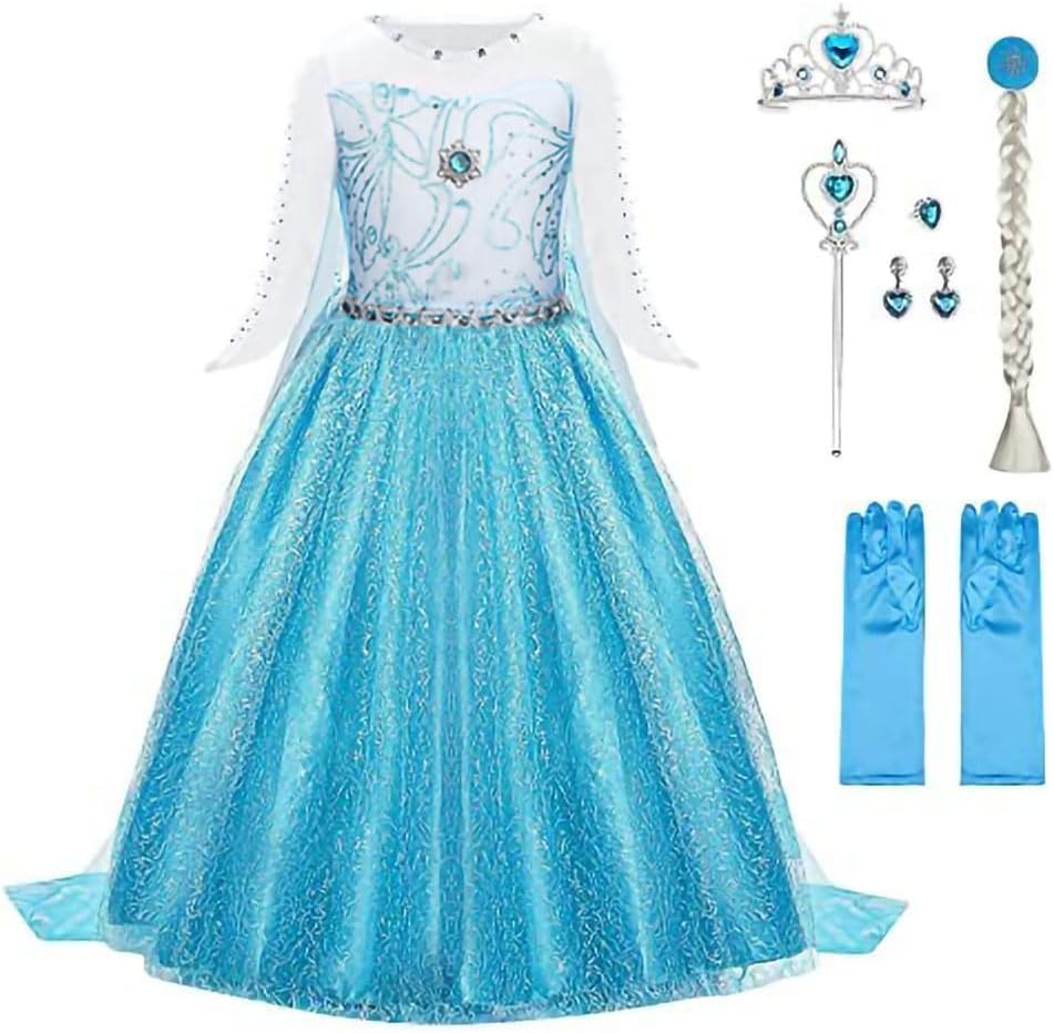 URAQT Princess Dress with Crown Wand Gloves Tiara Wig for Girls 130