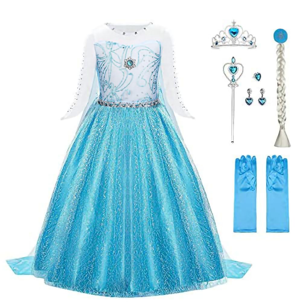 URAQT Princess Dress, Princess Costume with Crown Wand Gloves and Tiara, Costumes with Accessories for Girls, Kids Fancy Dress for Carnival Party Halloween Cosplay,140