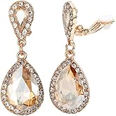 Classic Austrian Crystal Tear Drop Clip on Dangle Earrings for Women