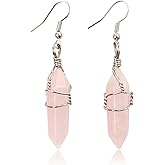 Real Natural Quartz Stone Healing Point Crystal Chakra Dangle Earrings Valentine's day Mother's day Gift (4. Wire Wrap Rose Quartz)