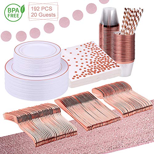 192 PCS 20 Guests Rose Gold Disposable Plastic Tableware Set, BPA Free Plastic Plates Silverware Includes Dinner Plates, Dessert Plates, Plastic Cutlery, Cups, Napkins, Straws, Banner & Table Runner. - Thumbnail 6