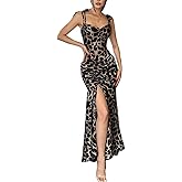 Muzly Leopard Print Bodycon Dresses for Women Spaghetti Strap Long Maxi Dresses Drawstring Slit Ruched Cocktail Party Dress