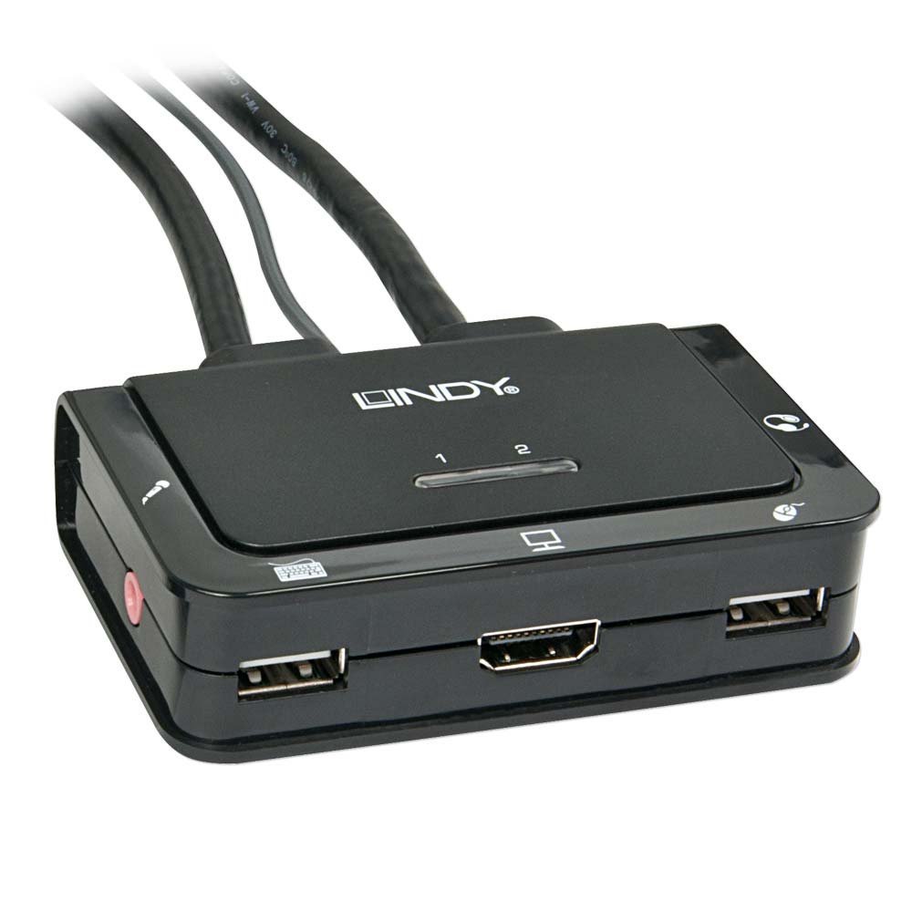 Lindy Compact 2 Port KVM Switch - HDMI, USB 2.0 & Audio, Black