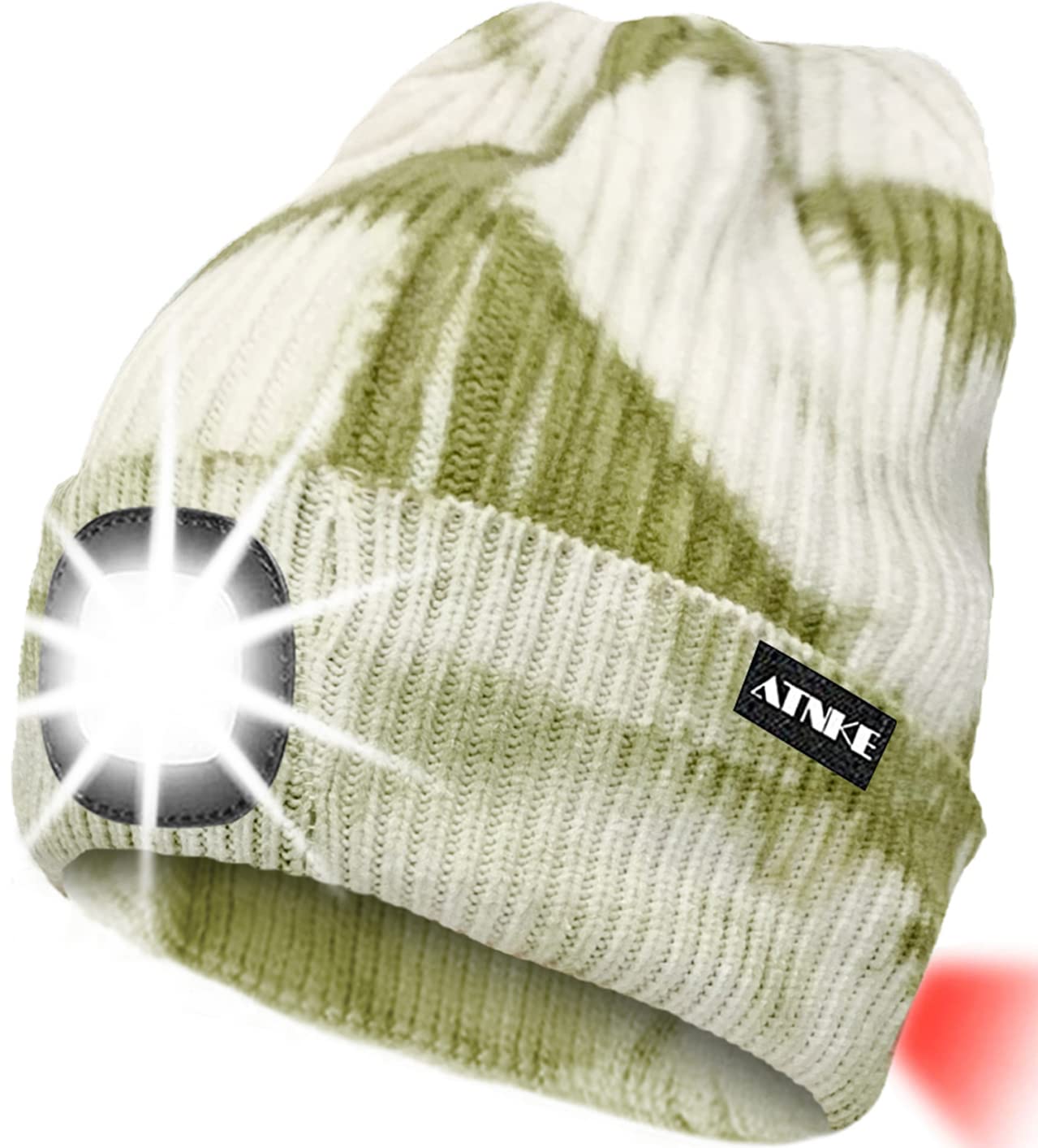 ATNKE 8LED Lighted Knit Hat,USB Rechargeable Running Headlamp Cap Ultra Bright Waterproof Light Lamp and Flashing Alarm Red Tail Light Multi-Color (Tie Dye Green)