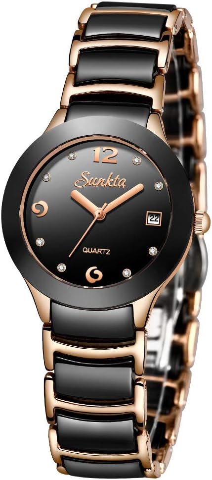Women's Fashion Elegant Waterproof Analog Quartz Watch Stainless Steel with Diamond Black and Rose Gold Ceramic Bracelet Ladies Wristwatch