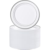BESTVIP 100PCS 7 Inch Silver Plastic Dessert Plates, Disposable Plate | Plastic Plates with Silver Rim for Salad/Samll Cakes, Heavy Duty Plates for Party, Wedding and Birthday, Events