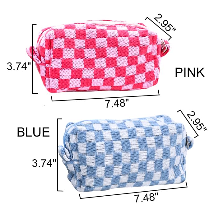 HUTIP Preppy Makeup Bag Small Checkered Cosmetic Bag Makeup Pouch Toiletry Pouch Set for Purse Aesthetic Pink Blue Checkered Large Capacity Travel College Supplies Cosmetic Organizer Make Up Bag