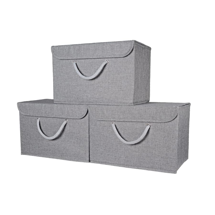 Grey Fabric Storage Boxes with lids. Stackable and Foldable. For wardrobes, shelves, clothes, bedroom, office, cupboard, keepsake memory box, crafts, toys, shoes, socks. Rope Handle 3pk 37x25x25cm