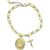 Catholic Rosary Bracelet with Our Lady of Graces Medal and Crucifix Charm, 18K Gold Plated