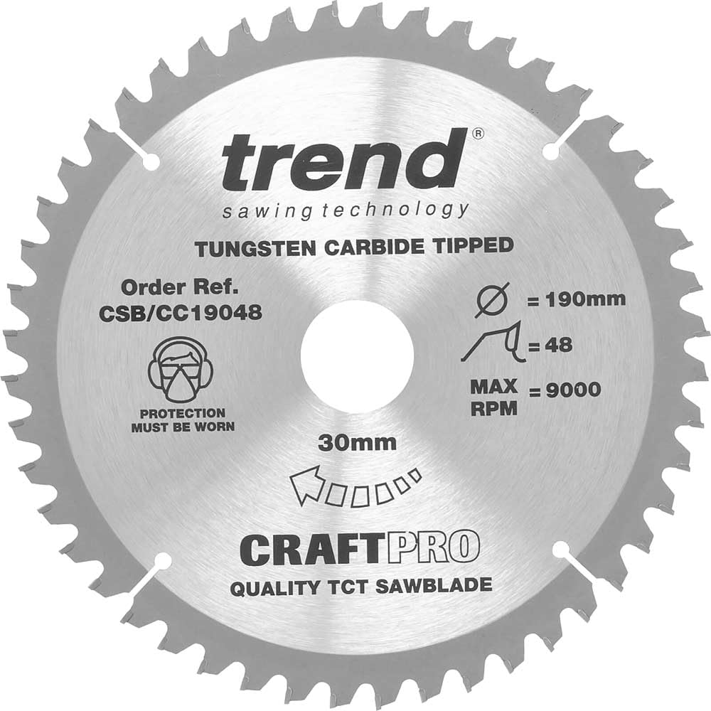 Trend Wood Mitre Saw Blade, 190mm Diameter, 30mm Bore, 48 Teeth, 2.6mm Kerf, -5° Hook, TCT, Fine Finish, CSB/CC19048