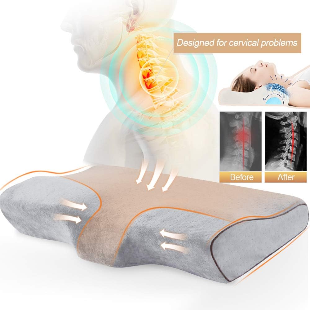 Memory Foam Pillow, Butterfly-Wings Shape Orthopedic Contour Cervical Sleeping Pillow for Neck Pain, Bed Pillow for Side Sleepers, Back and Stomach Sleepers with Washable Breathable Cover