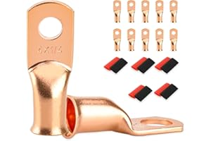 SDZONGES 10 PCS Battery Terminal Connectors, Battery Cable Ends Lugs, 4 Gauge Wire Connectors, 4 AWG 1/4" Stud Ring Terminals, Copper Wire Lugs with Heat Shrink Tubing.