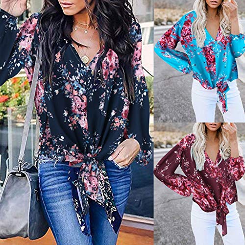 Womens Floral V Neck Tie Knot Front Blouses Bat Wing Short Sleeve Chiffon Tops Shirts Navy