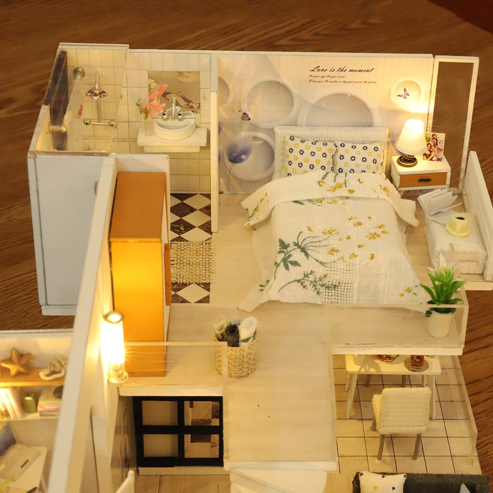 GuDoQi DIY Miniature Dollhouse Kit with Furniture and Music, Tiny House kit 1:24 Scale, Need to Assemble Around 30 Hours, Great Handmade Crafts Gift for Birthday, Christmas, Simple Life House