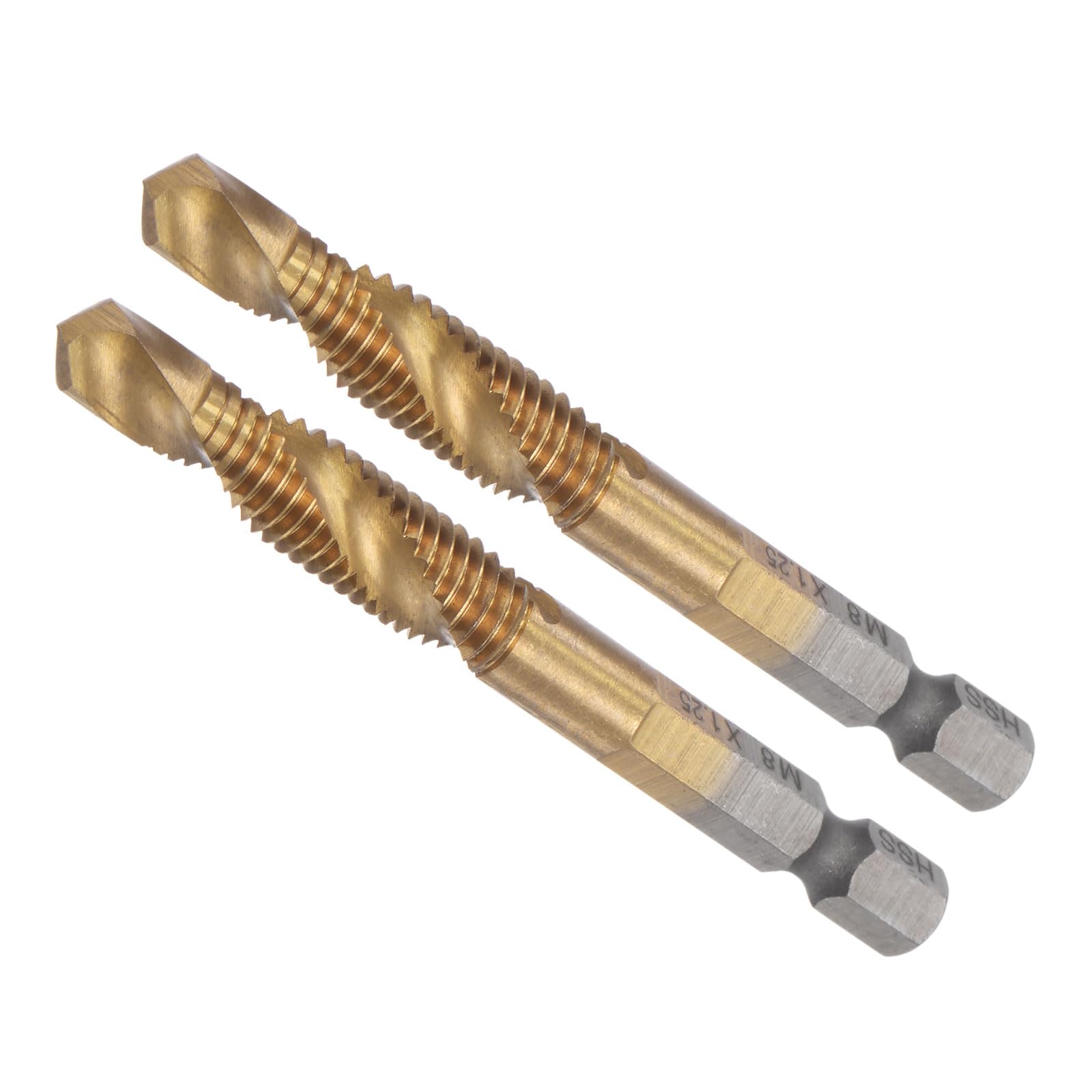 CoCud Combination Drill Tap Bit, M8 x 1.25 Thread Size 1/4" Shank, Titanium Coated High Speed Steel Long Tools - (Applications: for Aluminum Stainless Steel Plastic Long), 2-Pieces