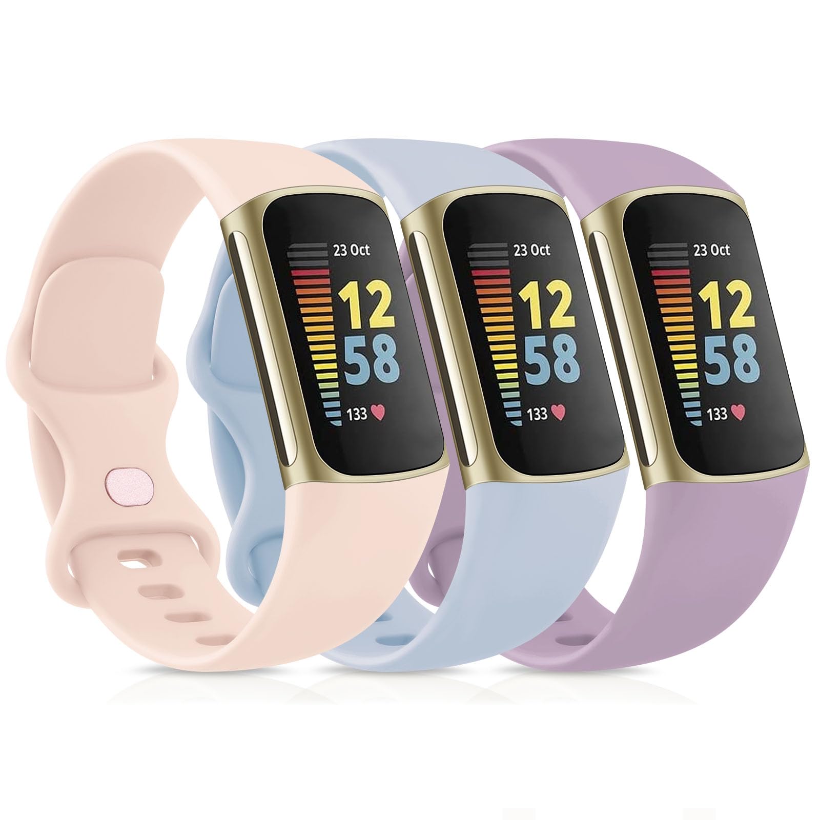 Pack 3 Straps Compatible with Fitbit Charge 5 Strap for Women Men, Soft Adjustable Sport Replacement Wristband Only for Fitbit Charge 5 Straps(Small, Nude Pink/Nude Blue/Violet) — image 1