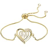 SAELACY 14K White Gold Plated Initial Heart Bracelet for Women Zircon Inlay Heart Initial Charm Bracelets Adjustable Minimalist Jewelry