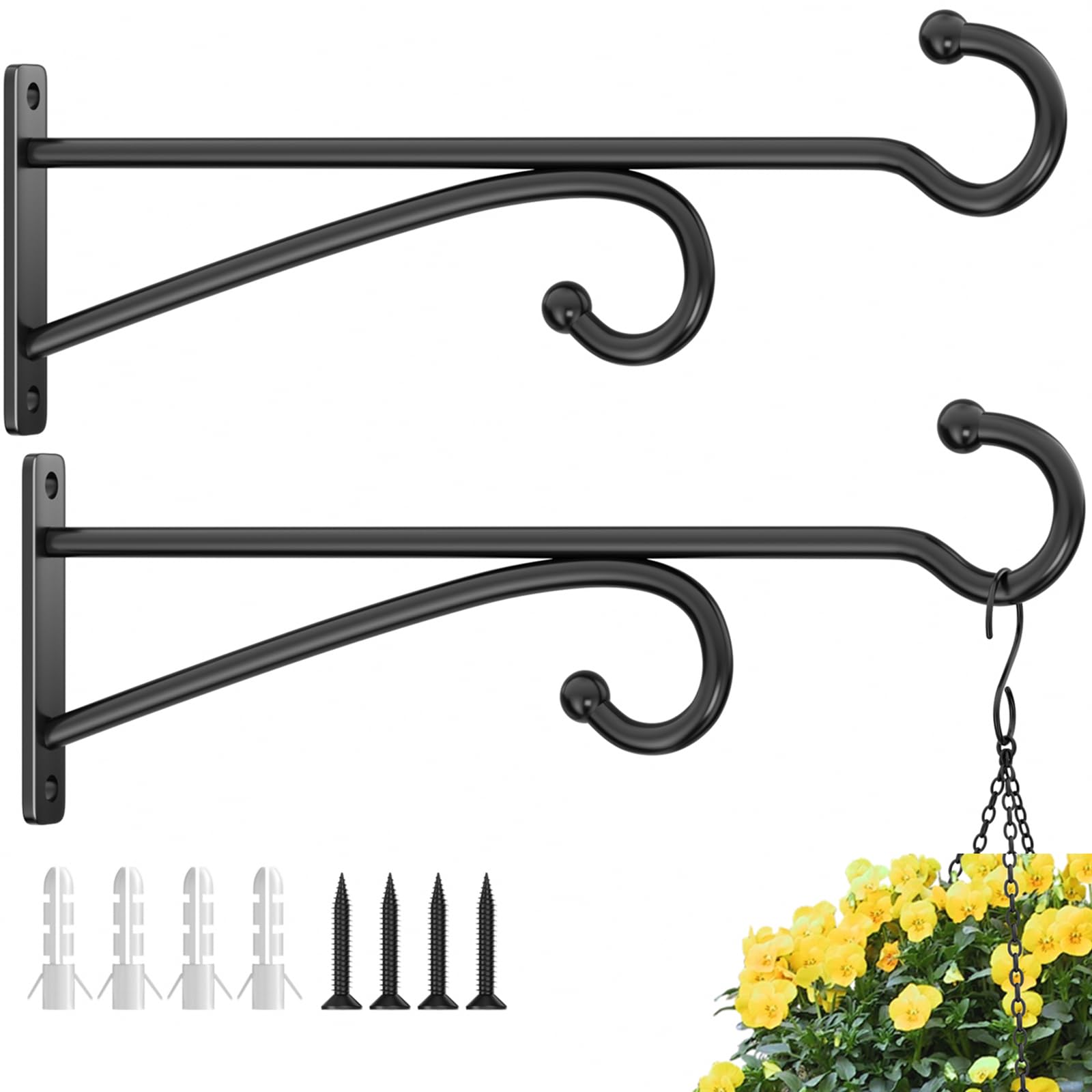 pickpiff 2 Pcs 10-Inch (25 cm) Planter Hooks for Hanging Plants - Metal Plant Hanger Hooks for Indoor Outdoor Use, Wall Brackets for Baskets, Wind Chimes, Bird Feeders, Bird Houses (Black)