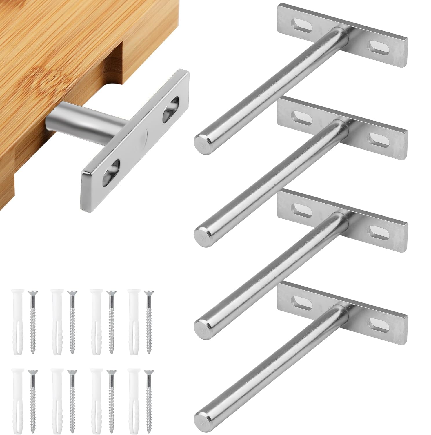 YEYIT 4 Pcs Floating Shelf Fixings 5 Inch Galvanized Solid Steel Hidden Blind Support, Heavy Duty Floating Shelf Brackets for Wall Mounted Backdrop Concealed Wall Shelf Wood Shelves(Silver)