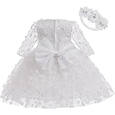 Miltrs Baby Girl Bowknot Flower Dresses with Headwear Baptism Dress Infant Toddler Flower Girls Tulle Gown Wedding Birthday