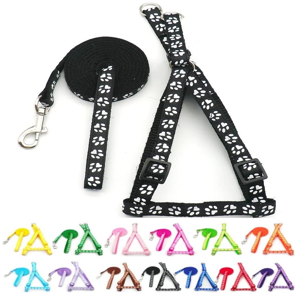 Small Dog Puppy Pet Cat Kitten Harness and Lead Set Pawprint Design Nylon Adjustable Chest Size 21-34cm and 120cm Leash Black